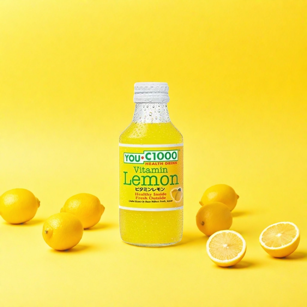 Click to enlarge C100 Vitamin Lemon on Yellow Background with Scattered Lemons 1